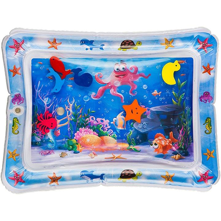 Soft infant water play mat for tummy time, helping babies strengthen neck & core while exploring marine animals.