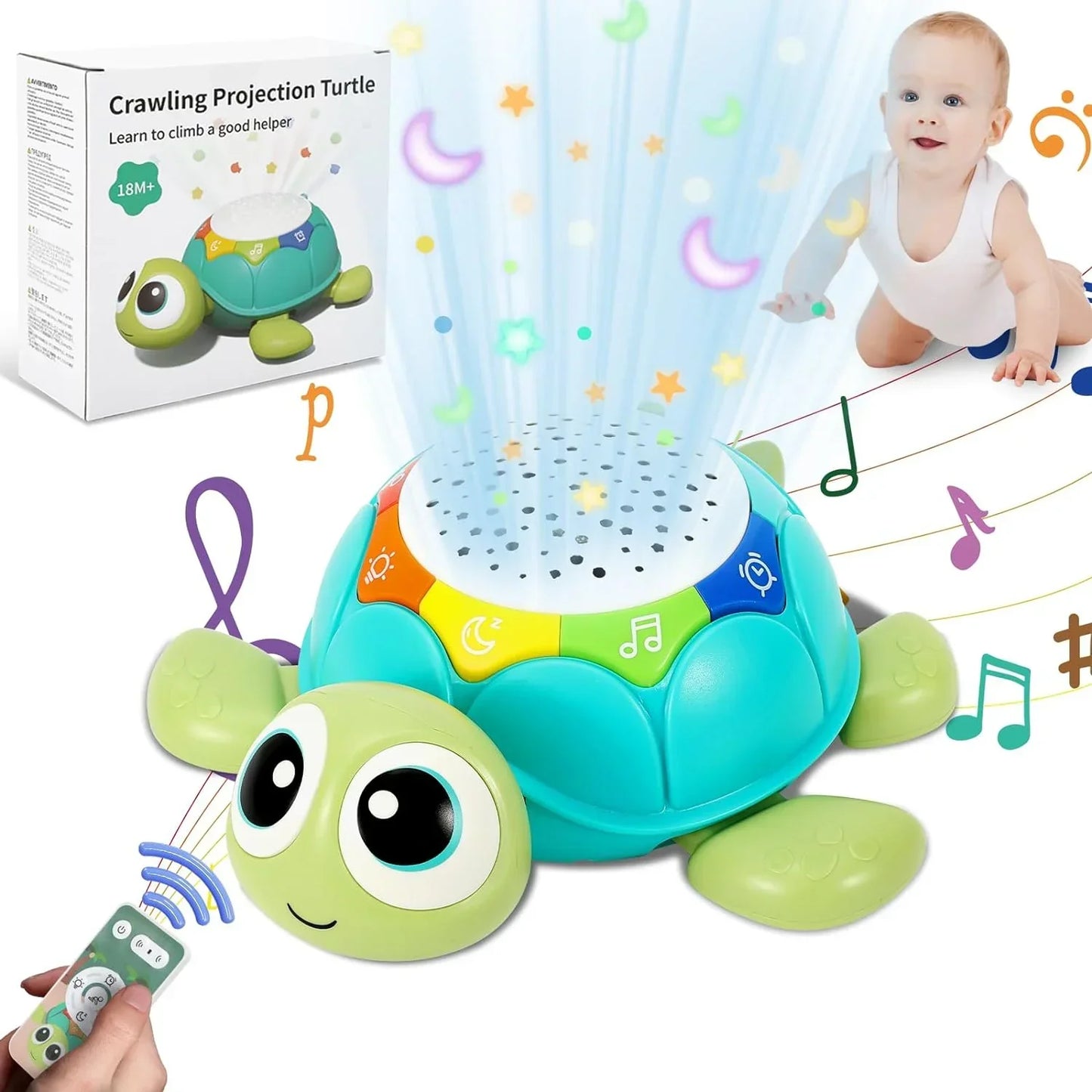 Close-up of Baby Turtle Crawling Projector, showing starry light projection and musical features