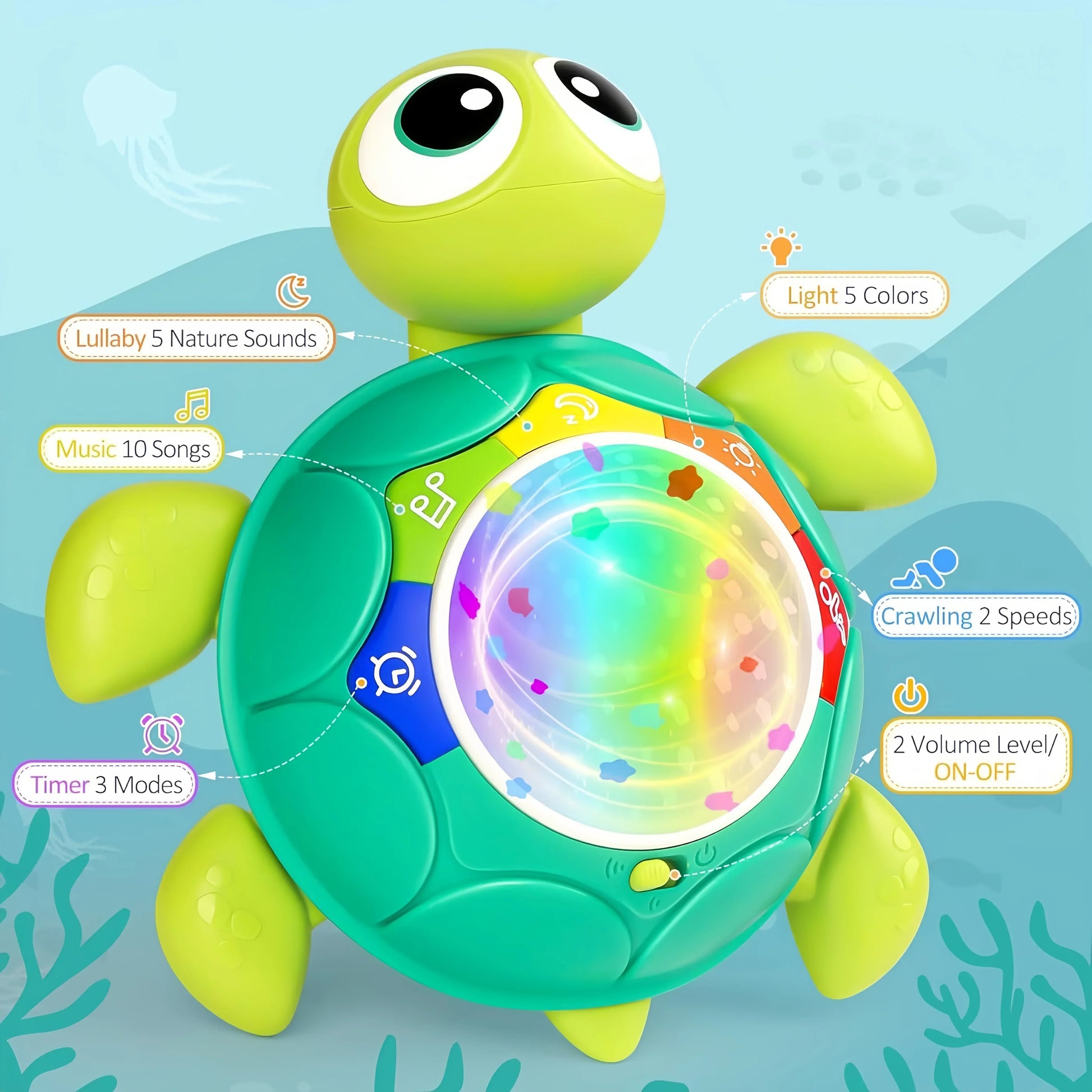 Top view of Baby Turtle Crawling Projector, highlighting its design as a crawling educational toy