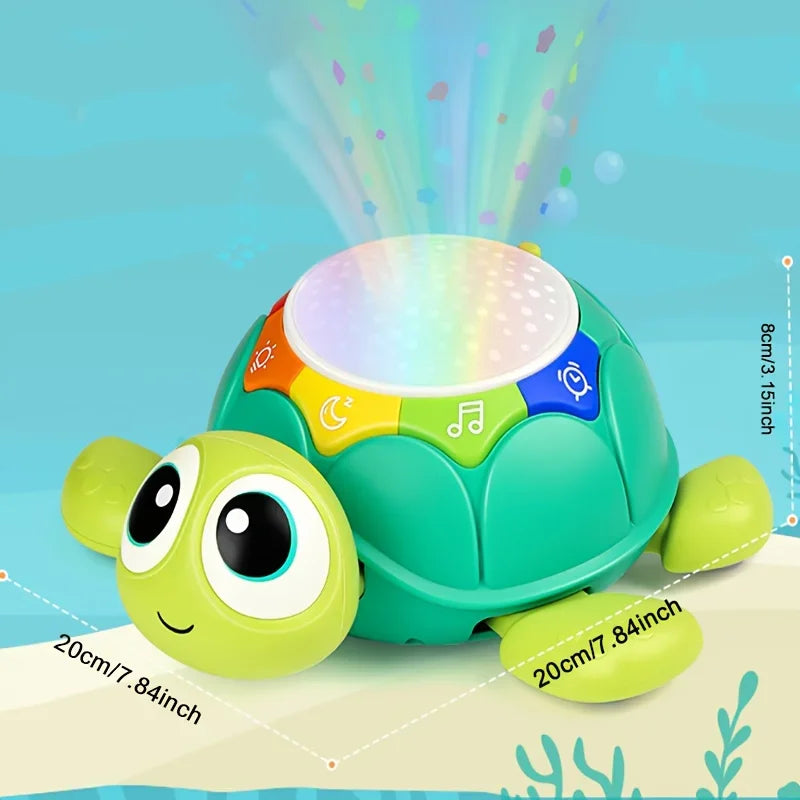 Baby Turtle Crawling Projector in a nursery setting, casting stars and playing music for baby
