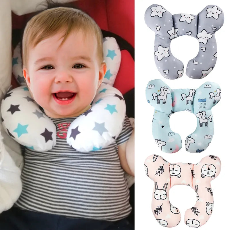 Baby U-shape travel pillow with smiling baby in car seat, ensuring head and neck support, newborn essential