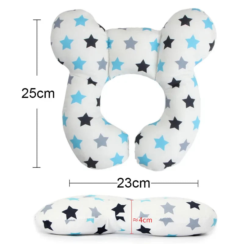 Soft U-shape infant head support for car seats, white fabric with cute animal print, baby travel pillow