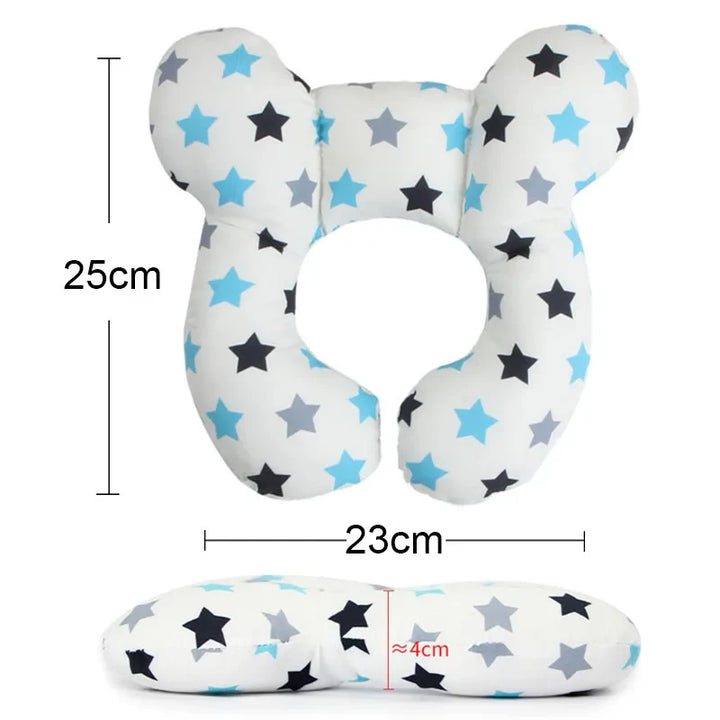 Soft U-shape infant head support for car seats, white fabric with cute animal print, baby travel pillow