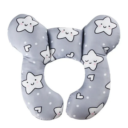 Baby U-shape car seat pillow with grey star pattern, offering superior head and neck support for infants