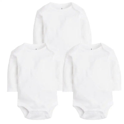 Infant unisex white cotton pajama set, 3 pieces including top, shorts, and pants, perfect summer baby clothing.