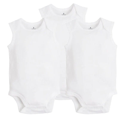 Top piece of infant unisex 3-piece cotton pajama set, short sleeves, white with blue trim, baby clothing.