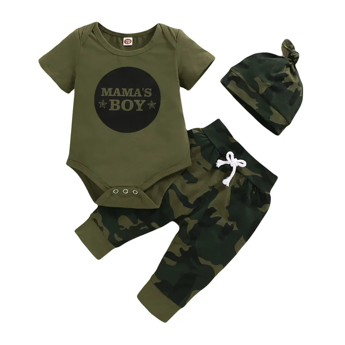 Baby unisex camo print bodysuit and pants set with adorable infant fashion design.