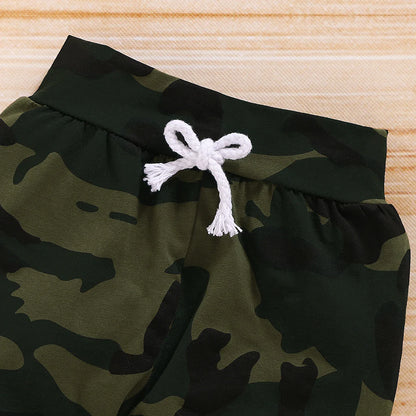 Two-piece toddler clothes set: camo print baby bodysuit and easy-wear matching pants.