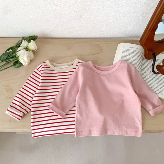 Baby unisex cotton striped short sleeve T-shirt, blue and white, for newborn summer wear.