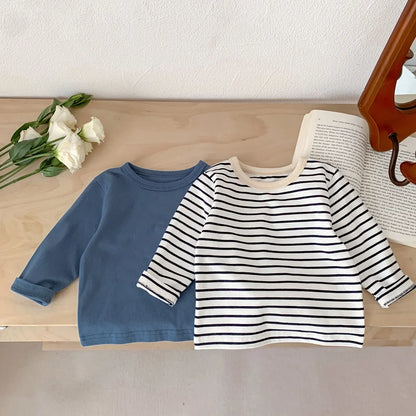 Blue striped cotton short sleeve T-shirt for children, perfect for active summer play.