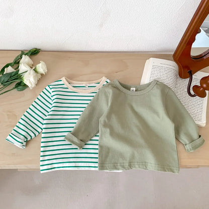 Unisex baby cotton T-shirt, green stripes, short sleeve, perfect for infant apparel.