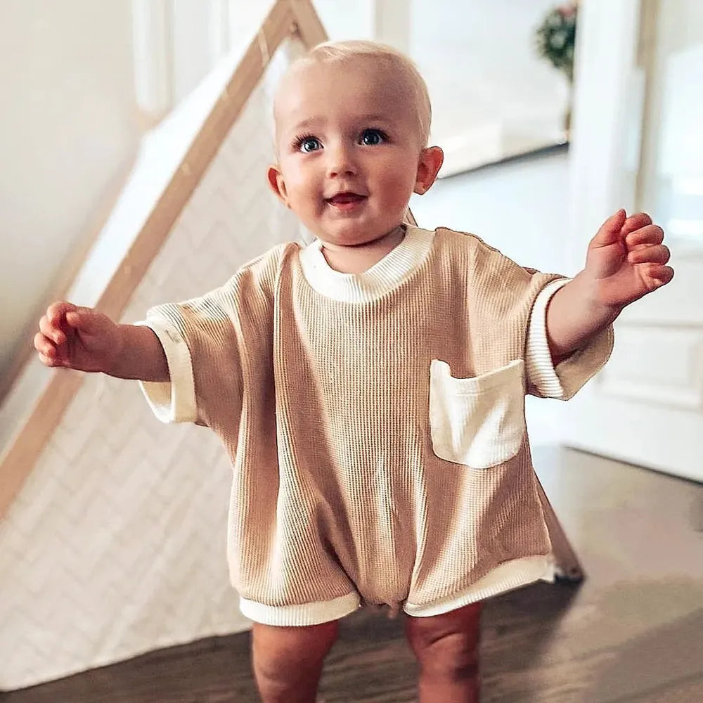 Baby unisex cotton waffle knit romper, short sleeve, light blue, for summer