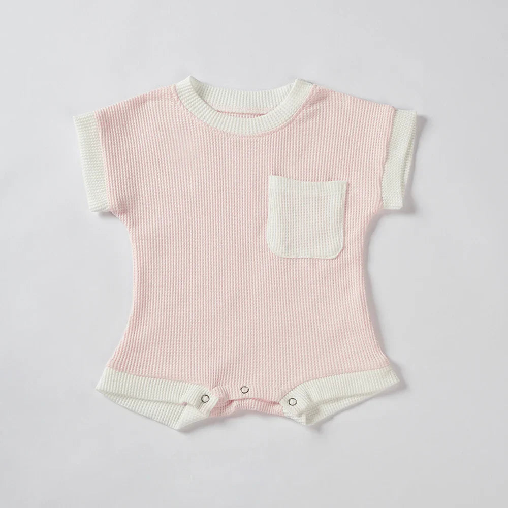 Kids clothing: unisex cotton waffle knit romper with short sleeves, plain