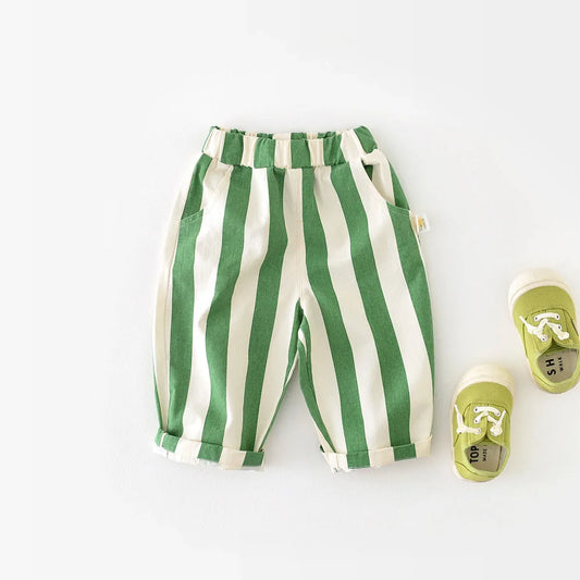 Baby unisex high-waist striped cotton pants in soft grey and white, perfect for infant comfort.