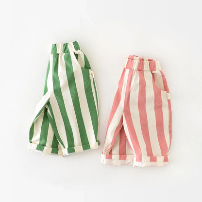 Comfortable unisex baby striped cotton pants with elastic high-waist, ideal for spring autumn wear.