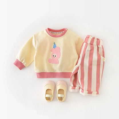 Close-up of a high-waist baby striped cotton pant, showcasing soft fabric texture and elastic waistband.