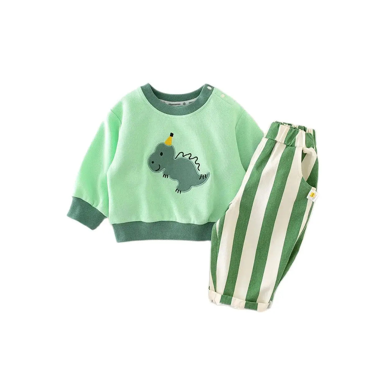 Model shot of a baby wearing unisex high-waist striped cotton pants, suitable for daily infant apparel.