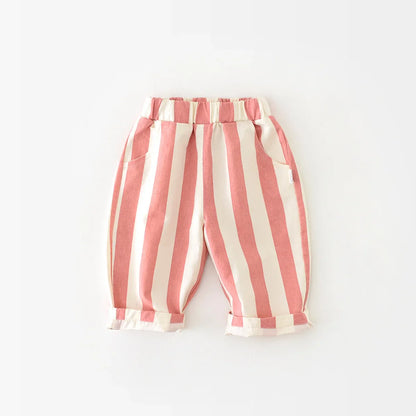 Casual baby unisex striped cotton pants with a relaxed fit, a toddler fashion essential for comfort.