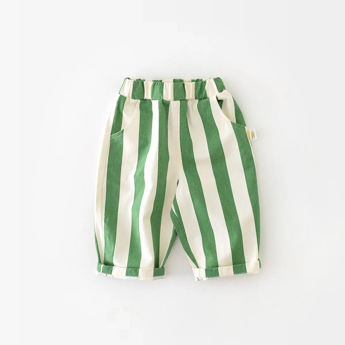 Folded pair of high-waist striped cotton baby pants, highlighting durable yet soft cotton material.