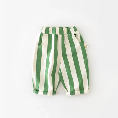Folded pair of high-waist striped cotton baby pants, highlighting durable yet soft cotton material.