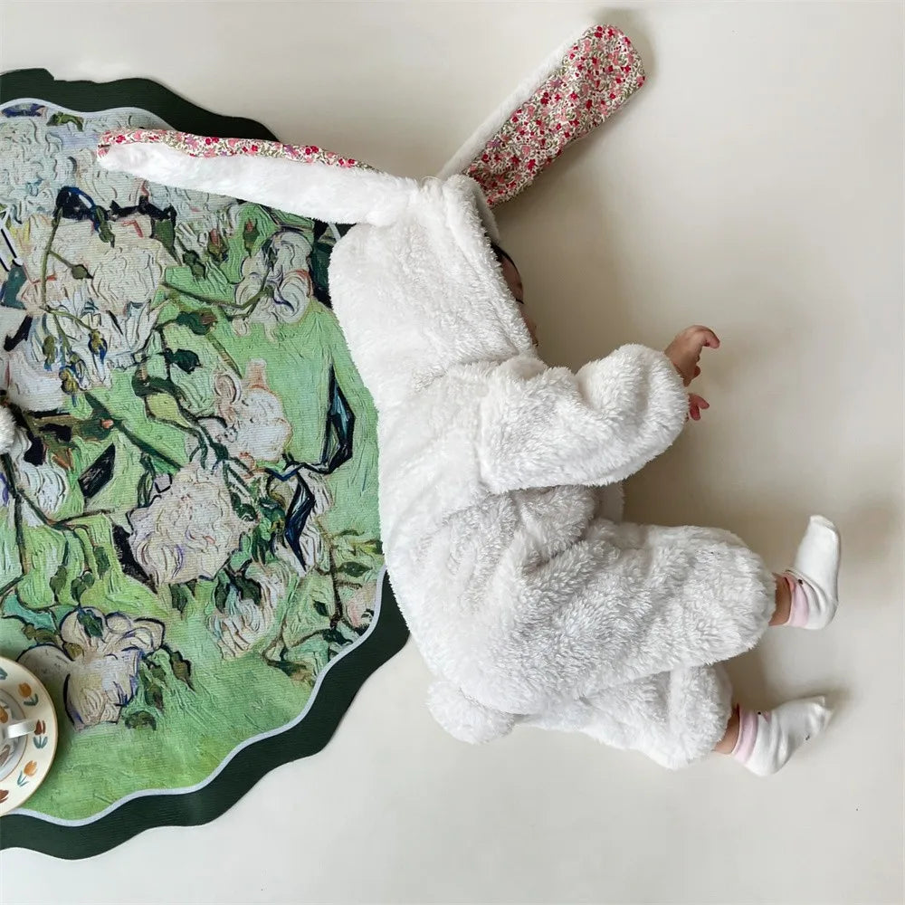 Unisex baby hooded romper with rabbit ears, warm gray winter pajamas for comfortable sleep.