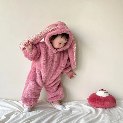 Gray unisex baby rabbit hooded romper, perfect for winter, cozy pajamas and playful infant sleepwear.