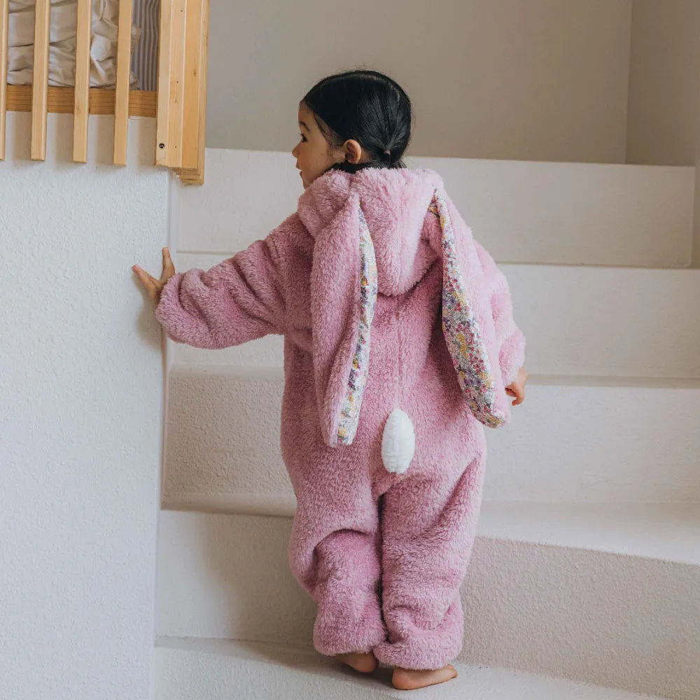 Cute baby rabbit design hooded romper, warm winter pajamas for unisex toddlers, soft polyester microfiber.