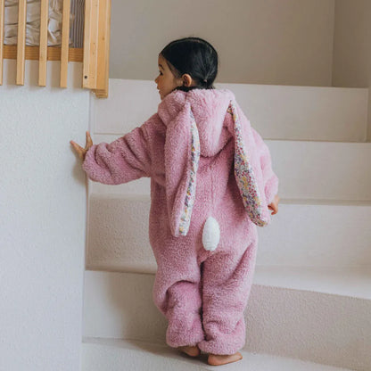 Cute baby rabbit design hooded romper, warm winter pajamas for unisex toddlers, soft polyester microfiber.
