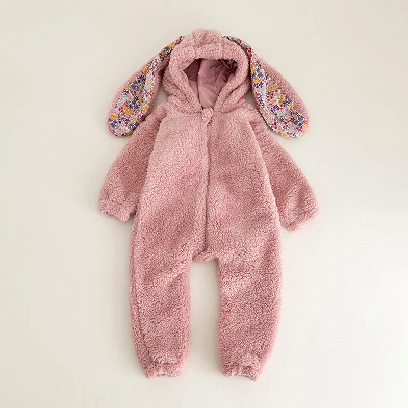 Infant winter hooded romper in rabbit design, gray unisex baby pajamas with cozy feel, zipper closure.
