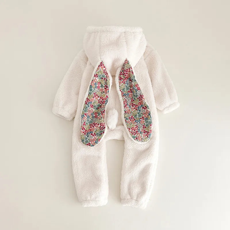Unisex baby rabbit hooded romper, ideal winter sleepwear for infants and toddlers, cozy gray microfiber.