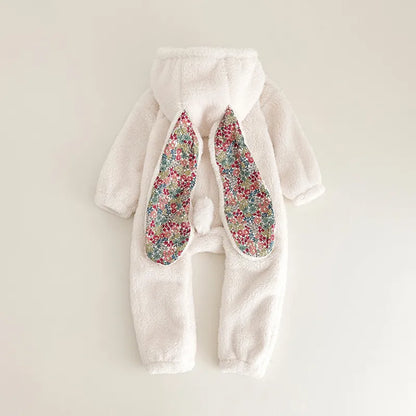 Unisex baby rabbit hooded romper, ideal winter sleepwear for infants and toddlers, cozy gray microfiber.