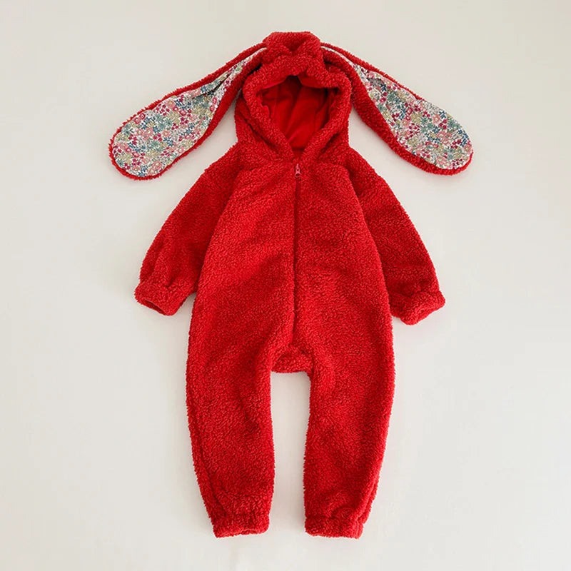 Infant bunny-eared hooded romper, comfortable winter sleepwear for unisex babies, cozy and gray.