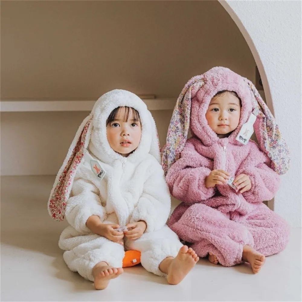 Toddler rabbit hooded jumpsuit, warm winter pajamas with zipper, unisex baby cozy outfit, gray color.