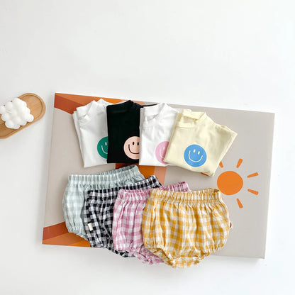 Cotton blend baby set: vibrant smile face t-shirt and versatile plaid shorts