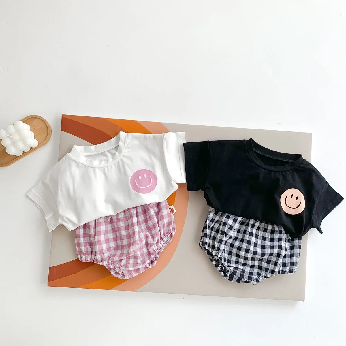 Infant unisex summer outfit, smile face tee and patterned plaid shorts for comfort