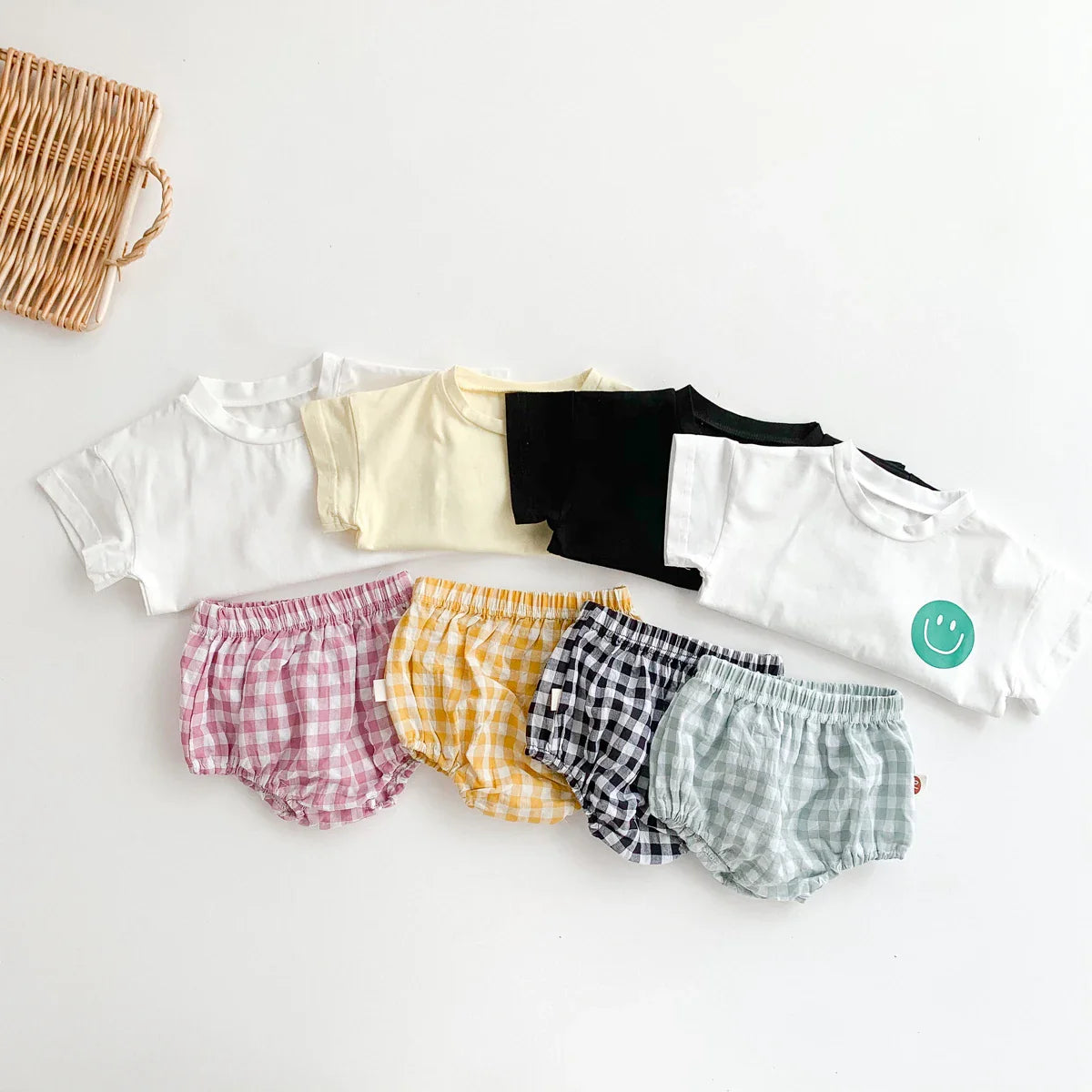 Toddler unisex outfit: fun smile face top and practical plaid shorts, easy to wear