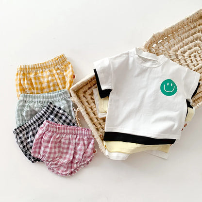 Baby unisex smile face graphic t-shirt and comfortable woven plaid shorts set