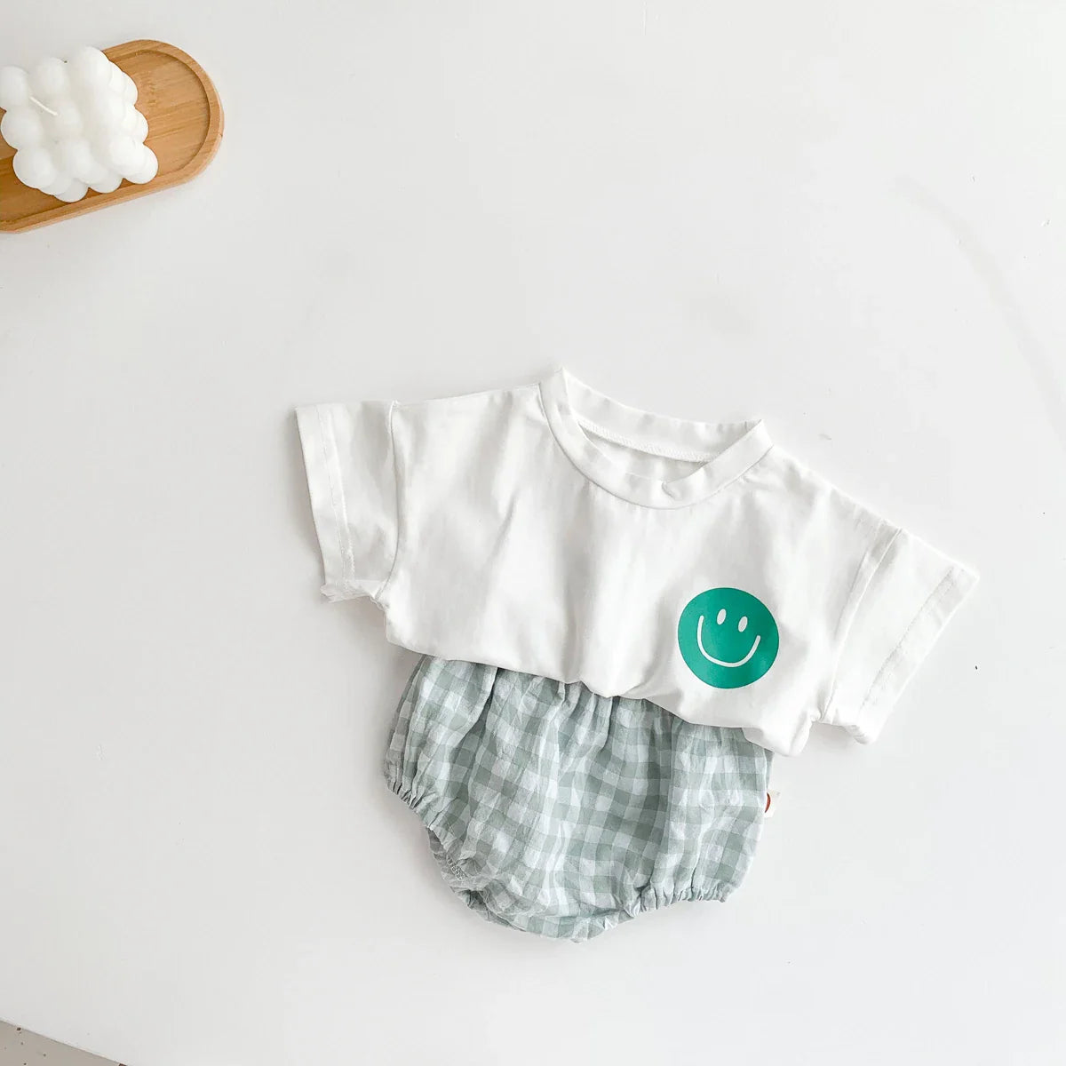 Soft cotton blend baby play clothes, smile face top & plaid shorts for boys & girls