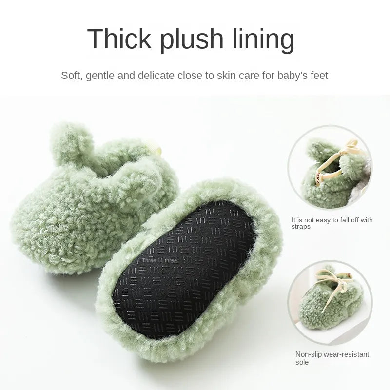 Newborn winter shoes, soft anti-slip design for comfort and safety in the crib.