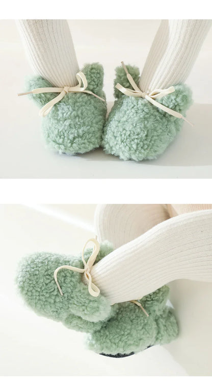 Warm baby first walker shoes, soft anti-slip sole, perfect for cold weather comfort.