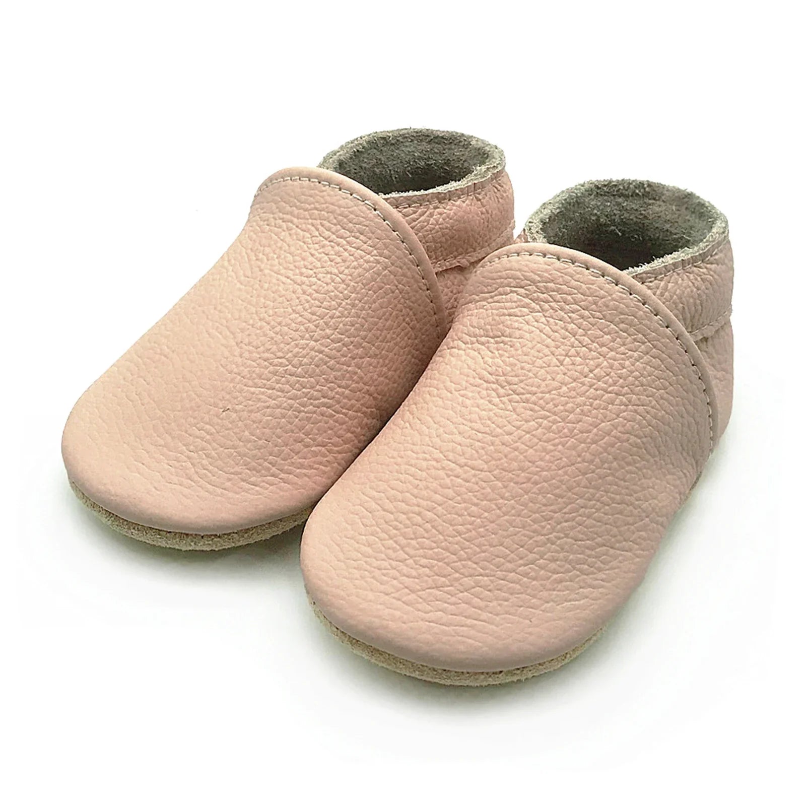 Soft light grey leather baby booties, perfect and practical unisex newborn & infant footwear