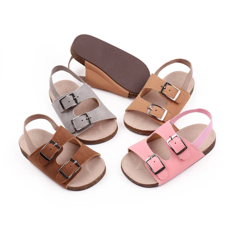 Baby unisex soft sole summer sandals, dual buckle, light brown PU leather, comfortable infant footwear.