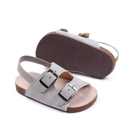 Adorable baby summer sandals, soft sole, dual buckle closure, light tan PU leather for boys and girls.