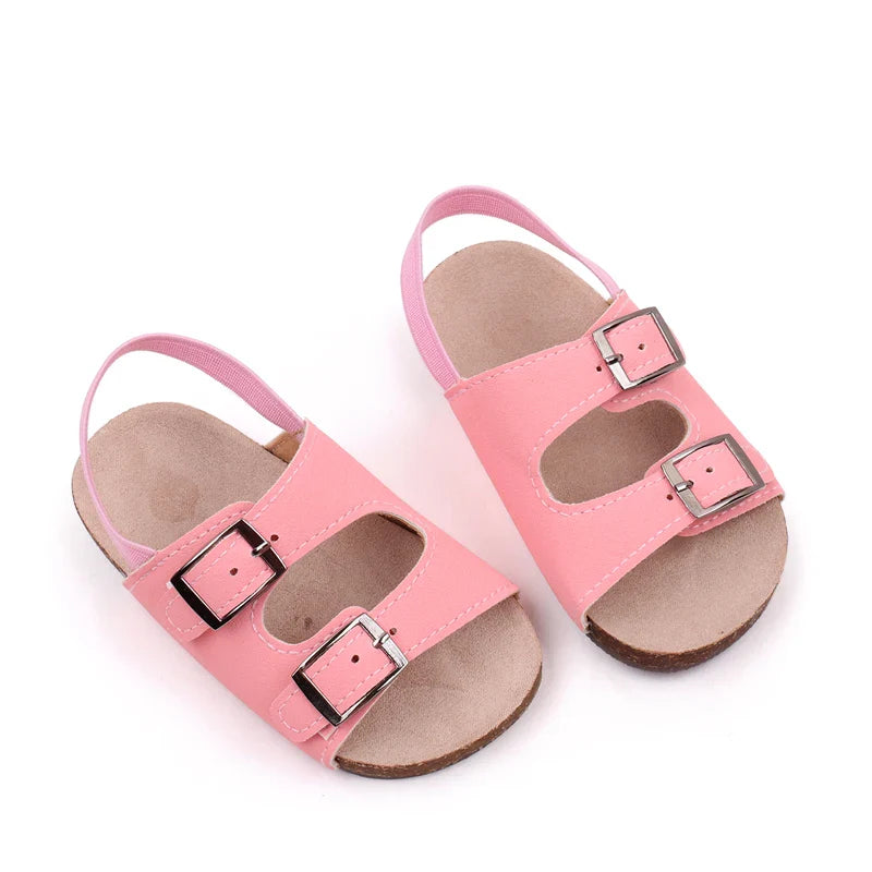 Newborn soft sole sandals, unisex design with dual adjustable buckles, lightweight PU leather.