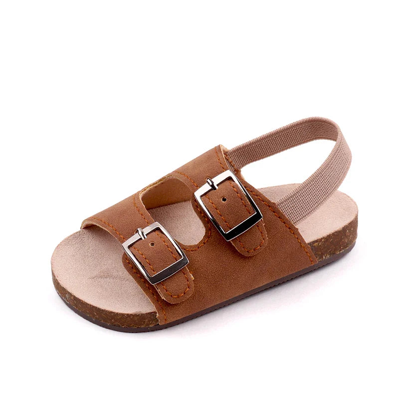 Stylish baby soft sole sandals, dual buckle detail, PU leather for summer, perfect for new walkers.