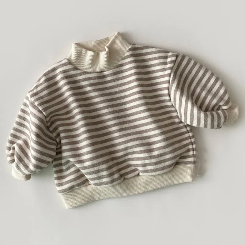 Striped high-neck baby top, soft cotton, designed for baby comfort