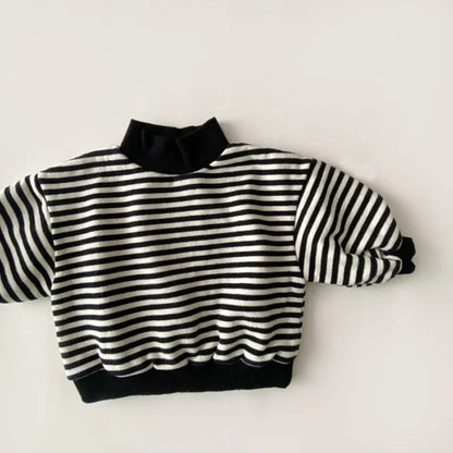 Cotton striped high-neck baby sweatshirt, durable for active toddlers