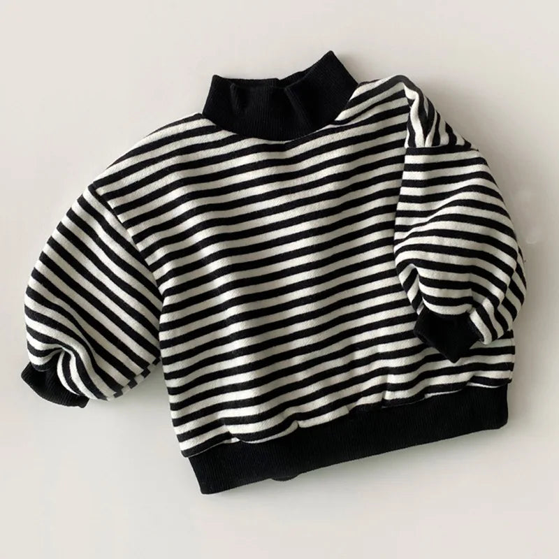 Striped high-neck baby sweatshirt, an essential for baby's spring autumn wardrobe