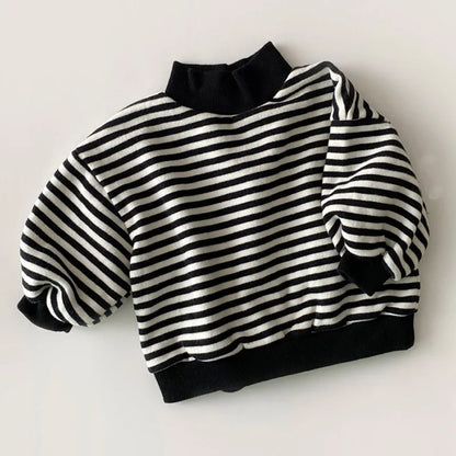 Striped high-neck baby sweatshirt, an essential for baby's spring autumn wardrobe