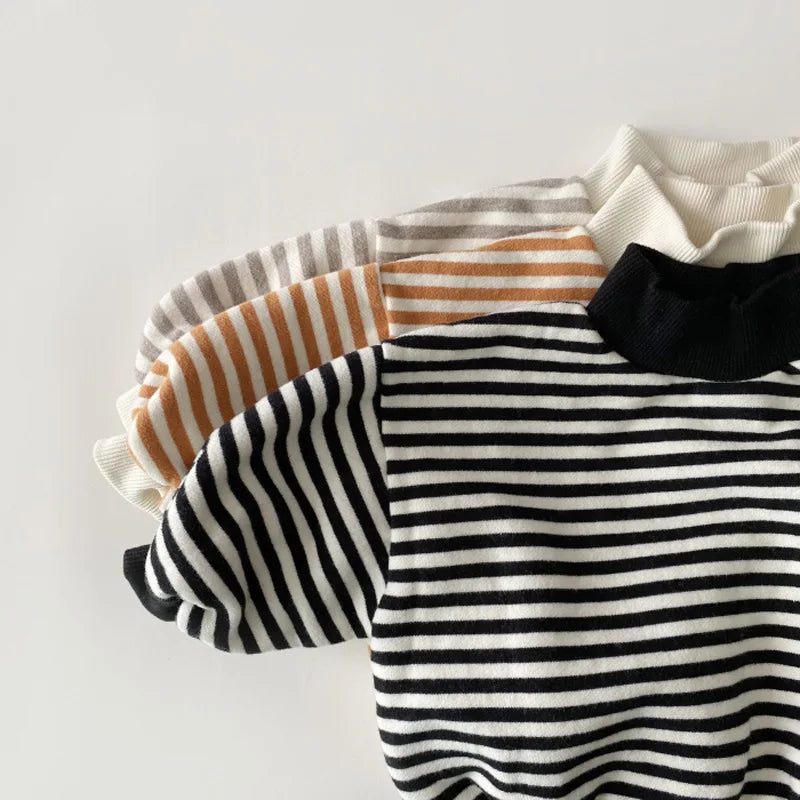 Striped baby sweatshirt with a high neck, comfortable cotton for infants